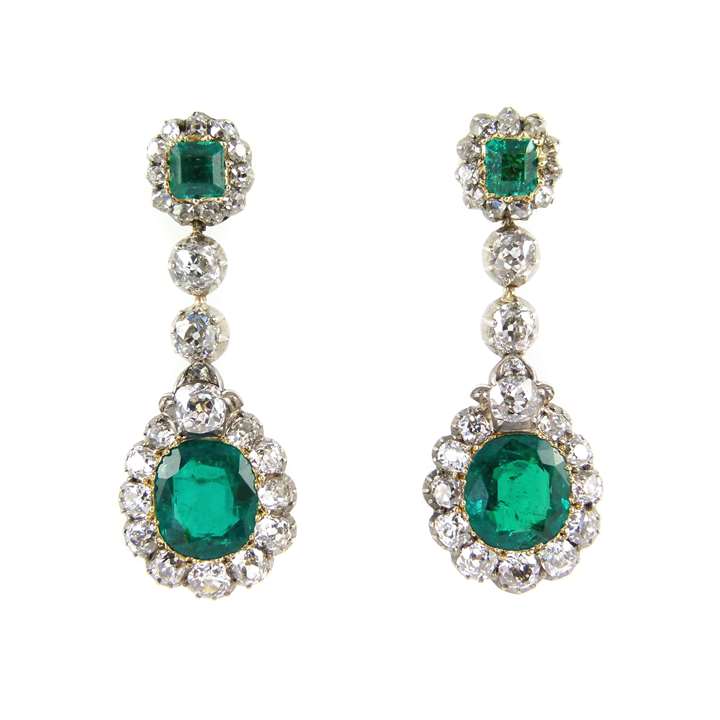 Pair of 19th century emerald and diamond cluster pendant earrings